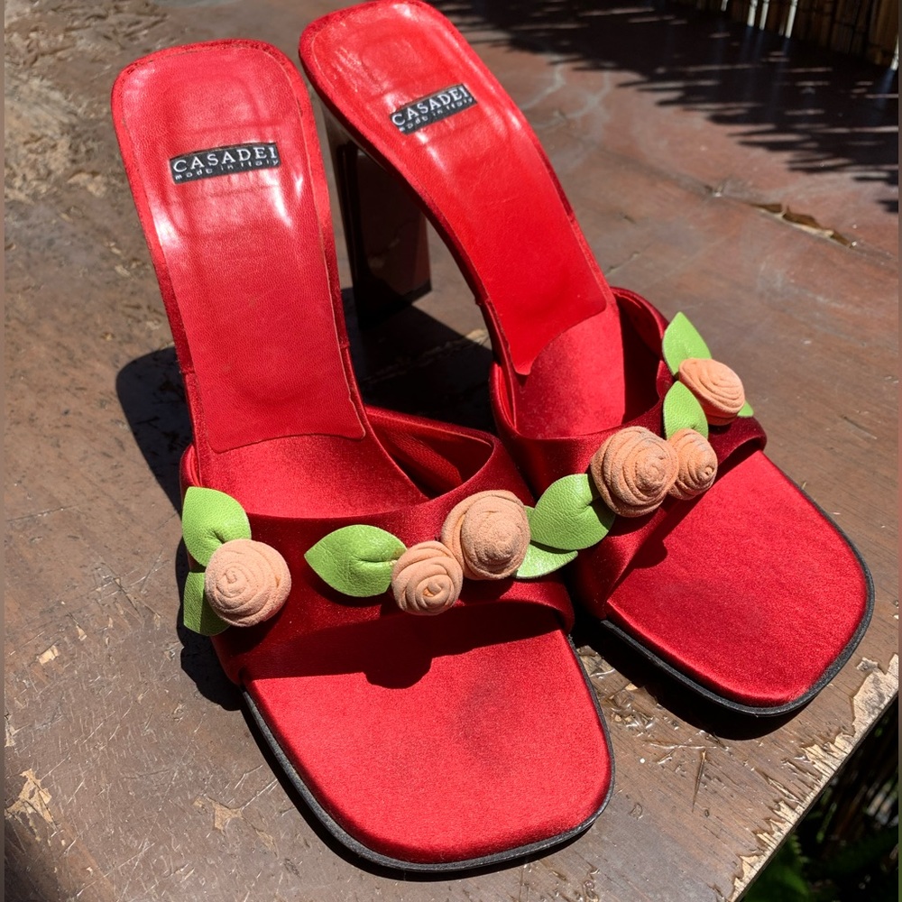 RARE Vintage Casadei Red Heels with Pink and Green Flower Embellishment